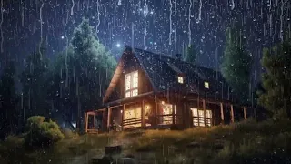 beat stress and stop anxiety with heavy rain and powerful thunder at night in old cottage