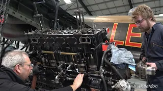Video 187 Restoration of Lancaster NX611 Year 6. Fins fitted to NX611,  RR Merlin Block assembly
