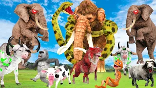 10 Zombie Elephant vs 10 Zombie Bull Cow vs Giant Snake Attack Cow Cartoon Buffalo Saved By Gorilla