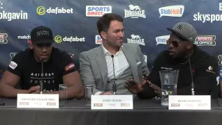 Kevin Johnson interrupts the press conference to ask Anthony Joshua some questions of his own