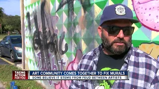 Artists come together to clean vandalized murals in downtown St. Pete