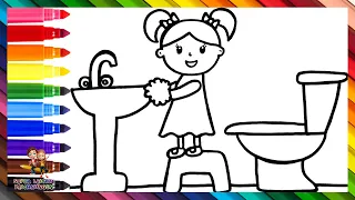 Zeichnen und Ausmalen eines Mädchens, das sich die Hände wäscht 👧🧼💦🚰🚽🌈 Zeichnungen für Kinder