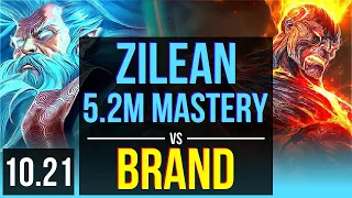 ZILEAN & Ezreal vs BRAND & Jhin (SUPPORT) | 5.2M mastery, Rank 3 Zilean | NA Challenger | v10.21