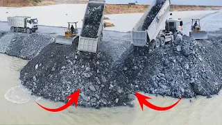 Build Road in lake incredible can do with power bulldozer komatsu stone pushing in water