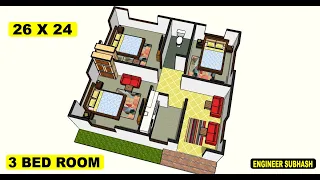 26 by 24 ghar ka naksha II 26 x 24 small house plan design II 3 bhk house plan design