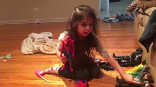 Scarlett 5 playing with marvel toys and Barbie rc corvette daughters hair is a nest lol dad comb