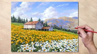 Acrylic Painting Daffodils Field Landscape