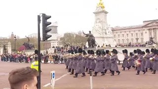 Band of the Grenadier Guards led by Senior Drum Major Gareth Chambers marches to St James's Palace.