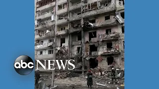 Residential building front wrecked after Russian missile attacks hit Kyiv