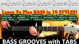 Play BASS in ALL STYLES with TABS! Grooves in 15 Music Genres | Electric Bass Styles