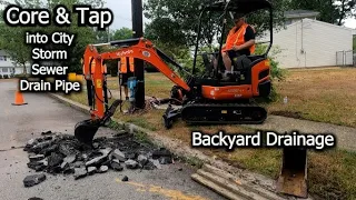 Core and tap of a concrete city storm sewer drain pipe under the street and Inserta tee install