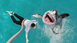 The guy is thrown into the sea, and the mutant little octopus saves him from the shark!