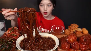 SUB)Homemade black bean noodles(jjajangramyeon), seasoned fried chicken, cheese balls mukbang asmr