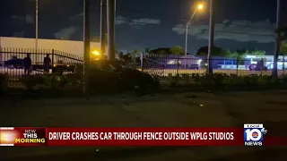 Car slams into Local 10 News parking lot after multi-vehicle crash on Hallandale Beach Boulevard