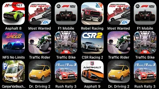 Asphalt 8, NFS Most Wanted, F1 Mobile, Rebel Racing, NFS No Limits, Traffic Rider, Traffic Bike...