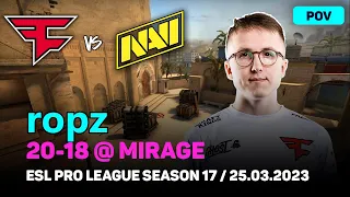 CSGO POV FaZe ropz (20-18) vs NAVI (mirage) @ ESL Pro League Season 17 Semi-final / Mar 25, 2023