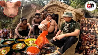 Cooking and Eating Smoked Pork Sekwa with Pork Bone Marrow Soup at Survival House Jungle Near River