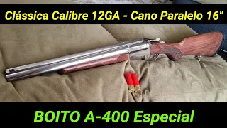 BOITO A 400 Calibre 12: Clássica Cano Curto 16" em Nickel e Madeira, 2 canos paralelos e 2 gatilhos.