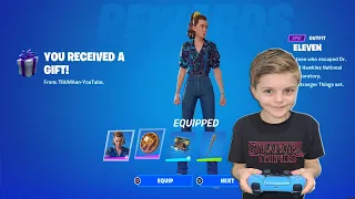 My 10 Year Old Kid Reaction To me Gifting Him NEW STRANGER THINGS Fortnite Skin Bundle ELEVEN