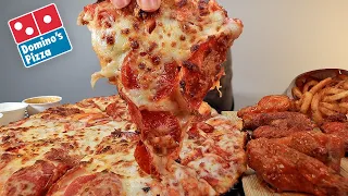 MUKBANG EATING DOMINOS SAUCY PAN PEPPERONI PIZZA, BUFFALO WINGS, ARBYS CRISPY CURLY FRIES ASMR