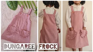 Dungaree Kids Dress/Pinafore-with ruffled pocket/cutting and stitchig video/ very Easy