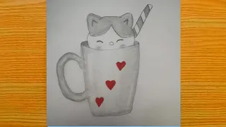 pencil drawing easy idea step by step cute cat and mug drawing/cute cat drawing ideas