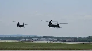 Flight of 4 Chinook Helicopters departing TVC Cherry Capital Airport in Traverse City MI 8/4/23