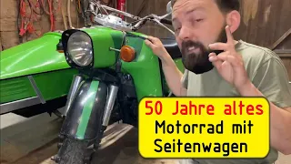 Scheunenfund IFA MZ Motorrad retten, 50 Jahre altes MZ ES Motorrad mit Beiwagen