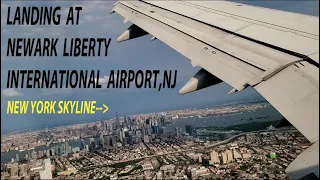 LANDING AT NEWARK LIBERTY INTERNATIONAL AIRPORT(EWR) NEW JERSEY,SPECTACULAR VIEW OF NEW YORK SKYLINE