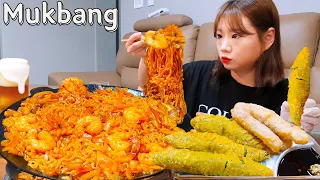 Sub)Real Mukbang-Spicy Seafood Stir-Fried Noodles🍜 & Fried Chili Pepper/Squid&Beer ASMR(Korean Food)