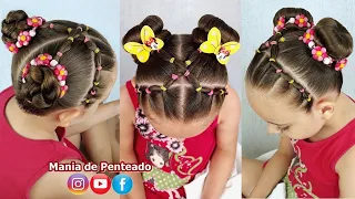 Penteado Infantil com ligas e coque duplo / Bun hairstyle for little girls
