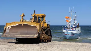 CAT D10N Dozer Pulling Up Fishing Boats to the Beach at Thorup Strand