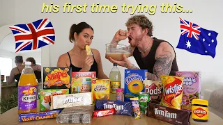 My BRITISH fiancé tries AUSTRALIAN SNACKS for the FIRST TIME...