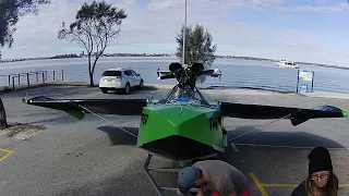 Setting up the MudSkipper for flight. Homebuilt wing in ground effect flying boat.