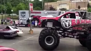 Ram monster truck "Rammunition" crushing cars at local Dodge dealer.