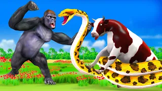 Giant Snake Attacks Baby Cow | Gorilla Saves Baby Cow with Help of Mother Cow Animal Revolt Battle