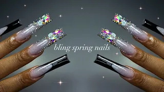 Simple Bling Spring Nails!💎🌸✨| real-time acrylic application + beginner-friendly nail art!✨