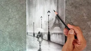 A girl with umbrella in paris city rainy night scene landscape drawing by pencil.