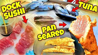 Blackfin Tuna Catch Clean Eat & Cook! Dock Sushi Sashimi & Pan Seared Tuna