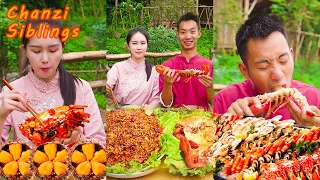 Outdoor Cooking Catching Shrimp | Mukbang Eating Challenge | Sister Chanzi Make Shrimp Feast Durian