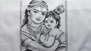 mother's day drawing with pencil sketch for beginners,how to draw maa yashoda and bal gopal,
