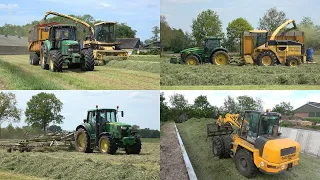 Gras harken, hakselen en inkuilen bij Mts Kroese met New Holland FX en John Deere trekkers (2023)