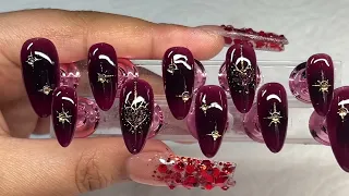 Watch me make acrylic press on nails | Maroon Celestial/Sacred Heart Design | Acrylic Nails Tutorial