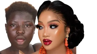 ⬆️BOMB😱 VIRAL😱 MUST WATCH🍫 MELANIN DARK SKIN BRIDAL MAKEUP AND BRIDALHAIR TRANSFORMATION