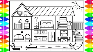 How to Draw a Big House with a Swimming Pool 💙Big House with a Swimming Pool Coloring Page