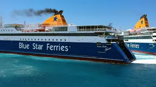 Blue star ferries Naxos and Delos leave the port of Naxos. August 2020.