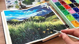 Studio Ghibli Landscape Painting/ Himi Jelly Gouache Unboxing / New Sketchbook ✨