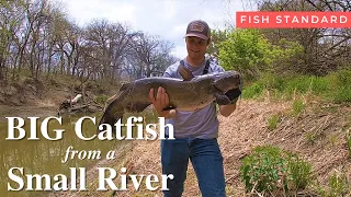 Small River Catfishing - Catching a BIG Channel Catfish from the Bank