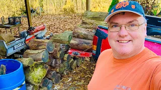 Splitting long cut blocks and cleaning the woodyard