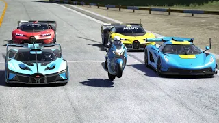 Suzuki Hayabusa vs Bugatti Bolide vs Koenigsegg Jessko vs Bugatti Vision GT at Old Spa